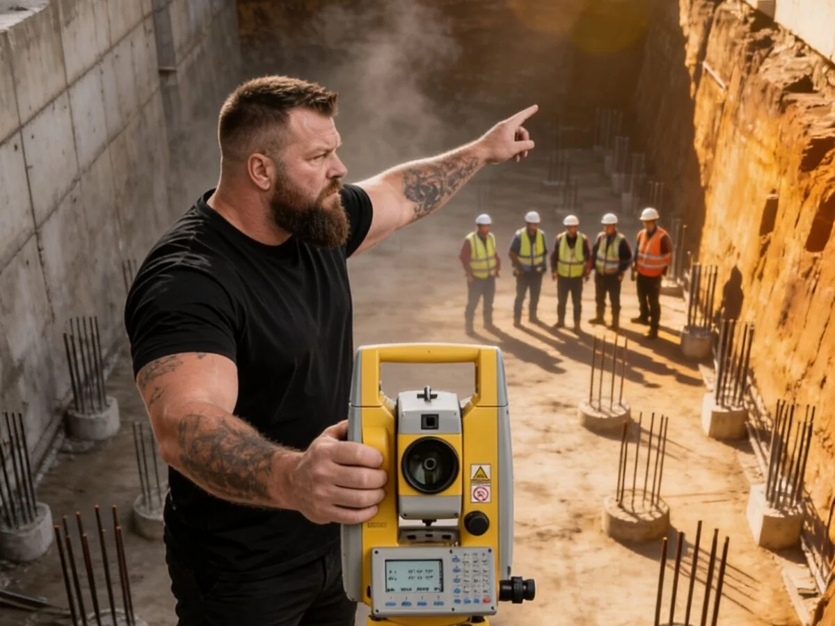 Supervisor de obra usando estación total South en construcción — Top Tek