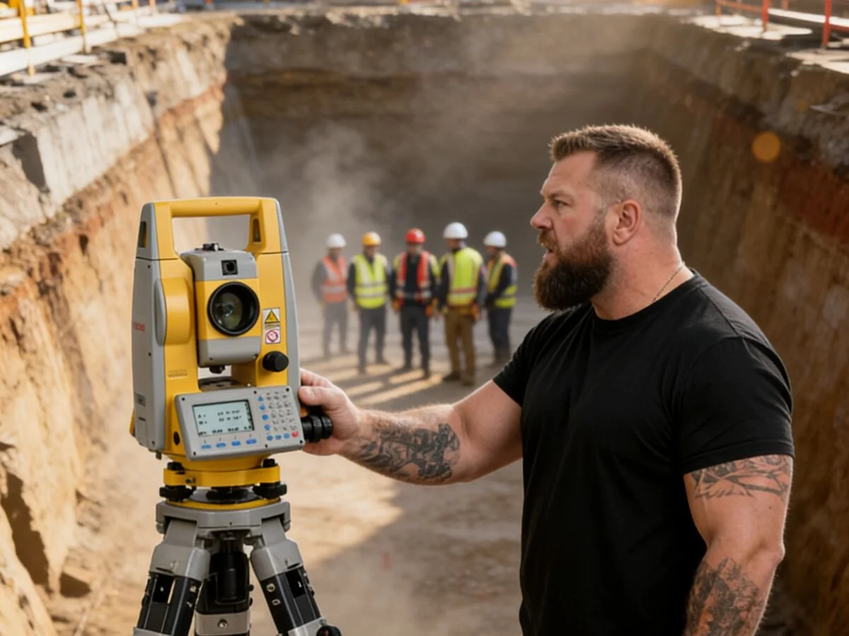 Topógrafo trabajando con estación total South en obra — Top Tek
