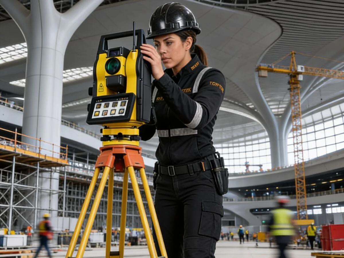 Ingeniera operando estación total South en estación ferroviaria — Top Tek